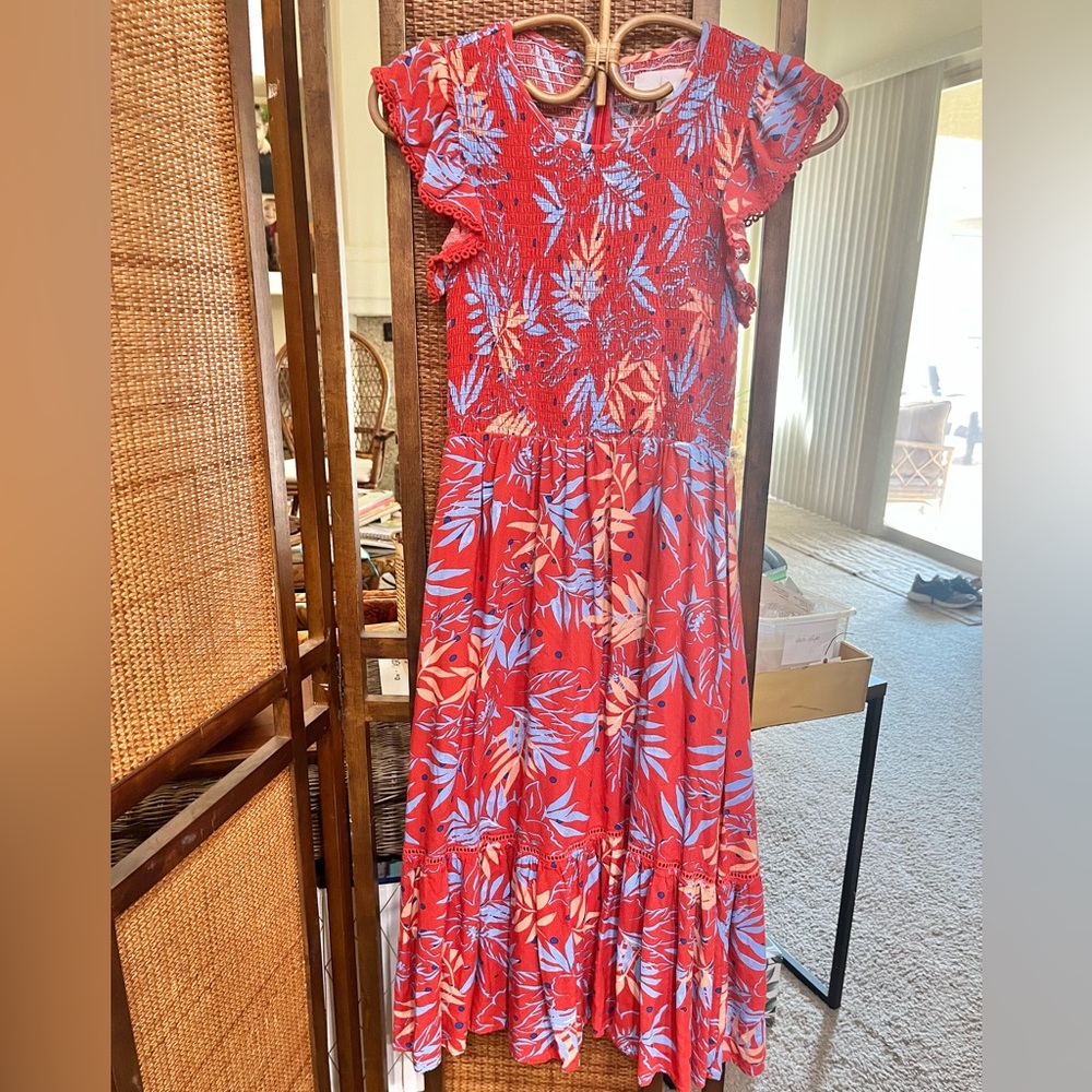 Lost + Wander Red Dress with Blue and Cream Leaf Print